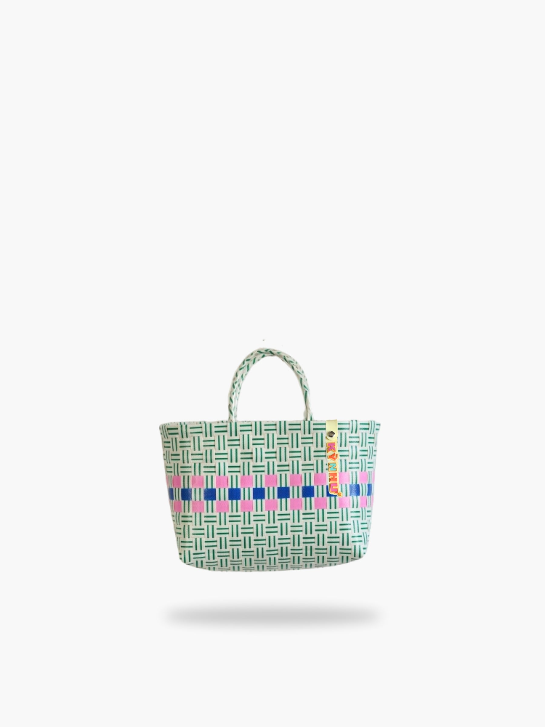 Panier Lime Mini – Petit panier cabas tressé à la main, nuances vertes et bleues, fait au Vietnam.